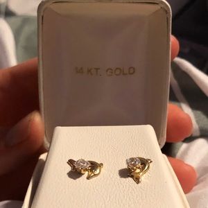 14K Gold Dolphins earrings with diamond stud